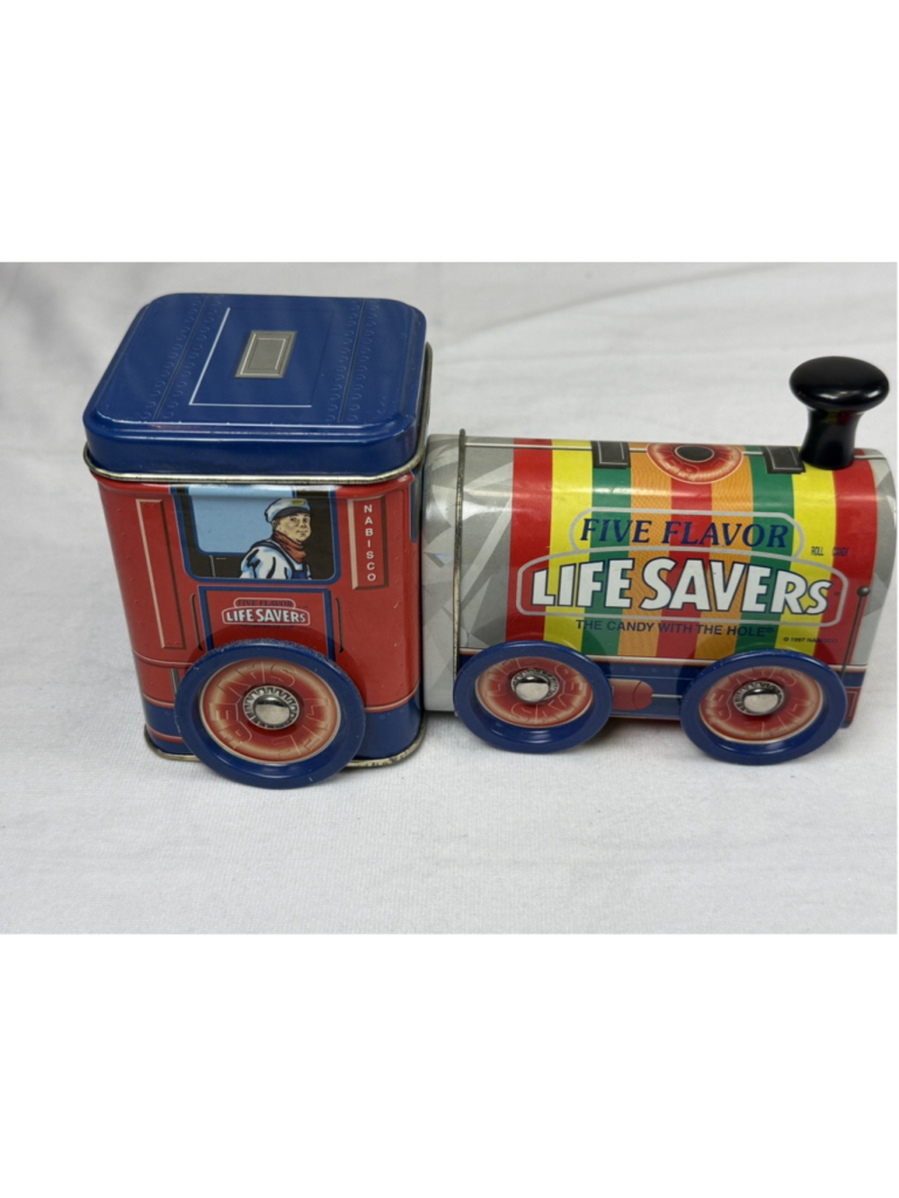 Vintage 1997 Life Savers Tin Container Litho Train Engine With Wheels 5 Flavor